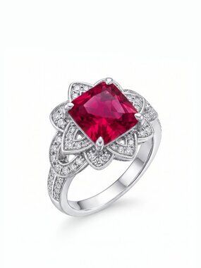 Princess Cut Floral Halo Ring - Red Ruby, Liz Halston 925 Sterling Silver